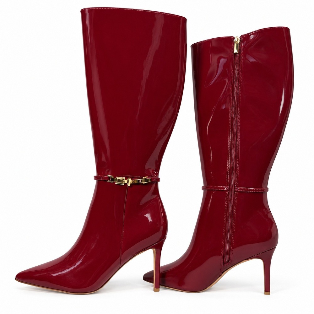 Boots 7 Red New Patent Stiletto Pointed Toe Glam Knee High Wine Glossy Sexy Gold